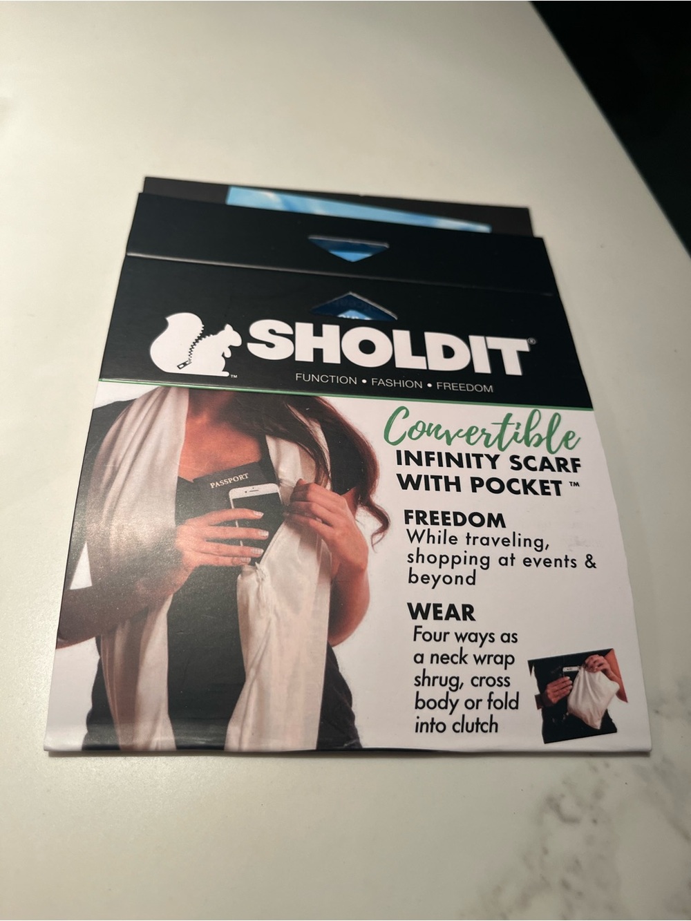 NWT sholdit convertible infinity scarf with 10” long pocket!  Perfect for travel